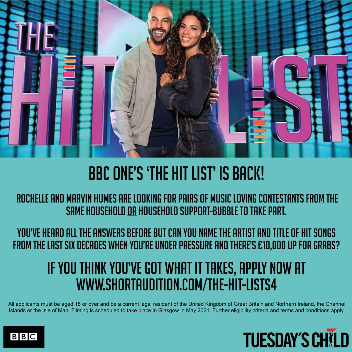 I'm looking for music-loving pairs for the new series of @thehitlistshow presented by <a href="/MarvinHumes/">Marvin Humes</a> and <a href="/RochelleHumes/">Rochelle Humes</a>. For the chance to win £10,000 apply now at bbc.co.uk/showsandtours/…