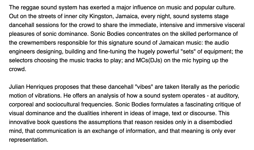 SonicStreetTech's tweet photo. Our PI, Julian Henriques's book 'Sonic Bodies: Reggae Sound Systems, Performance Techniques, &amp; Ways of Knowing' situates 'vibes' of sound system atmospheres and events in its larger techno-cultural and embodied assemblages. The preamble is available here: https://t.co/KsXLQdr1jZ https://t.co/tXI03WsFwz