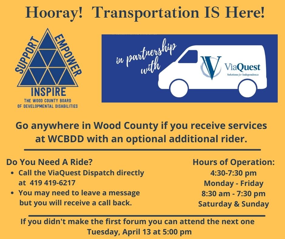 woodcountydd's tweet photo. We are so excited about the Transportation pilot!  It is up and running and we encourage you to check it out.  Just a reminder--To schedule a ride call the ViaQuest Dispatch directly at 419 419-6217.  If you have any questions please contact your SSA.  Happy Travels! https://t.co/8g4U6ioN3E