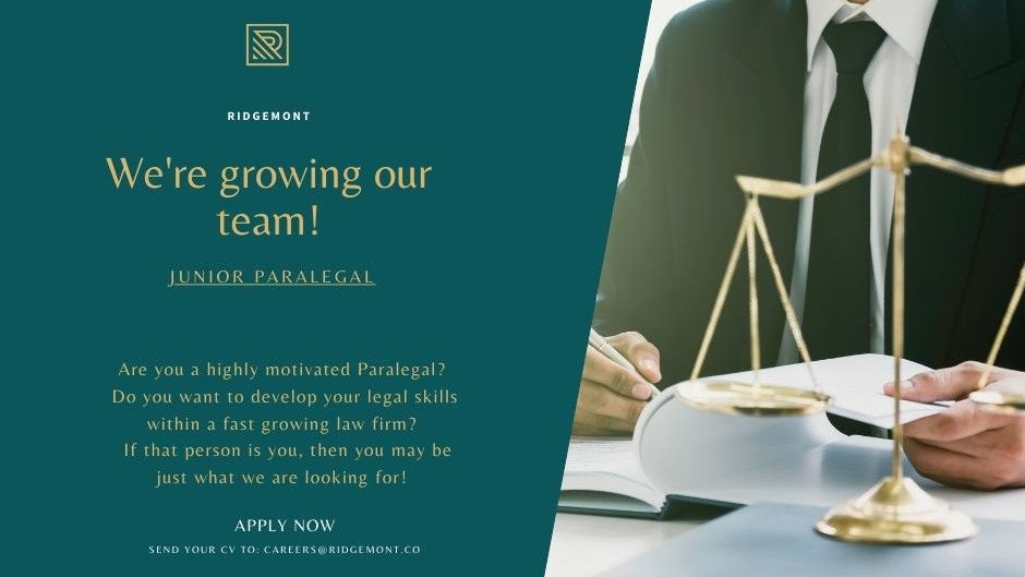 Calling all Junior Paralegals looking to join a fast growing construction law firm in London.

Apply now!
Send a CV to careers@ridgemont.co
#jobs #legal #recruiting #graduates #paralegals #graduatejobs #constructionlaw #furlough #lawyer #london #COVID19 #realestatelaw #jobseekers