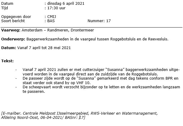 Drontermeer : Baggerwerkzaamheden in de vaargeul tussen Roggebot- en Reevesluis vanaf 7 april 2021.