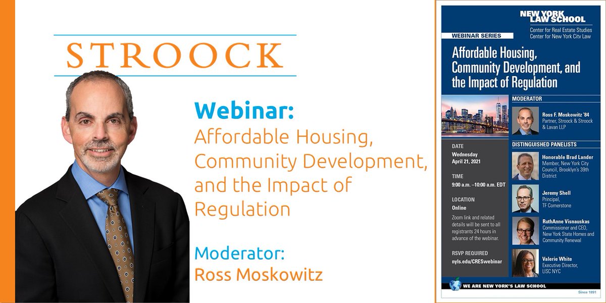 StroockRE's tweet photo. On April 21, @mossroskowitz moderates a thought-provoking discussion for @NYLawSchool on the future of #affordablehousing and #communitydevelopment. Distinguished panelists include @bradlander, @jershell, @rvisnauskas, and @LISCValerie. #stroock
https://t.co/cbniMahxPA https://t.co/omSGFPt6Sg