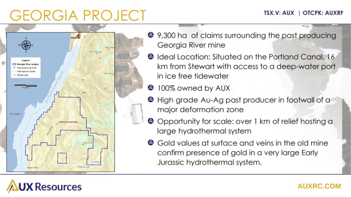 AUXResources's tweet photo. $AUX's 100% owned Georgia Project hosts 9,300 ha of claims surrounding the past producing Georgia River #mine. Gold values at #surface and #veins in the old mine confirm presence of #gold in a very large Early Jurassic #hydrothermal system. Learn More: https://t.co/zI4X6ViGhf https://t.co/Kyh0zYVFLw