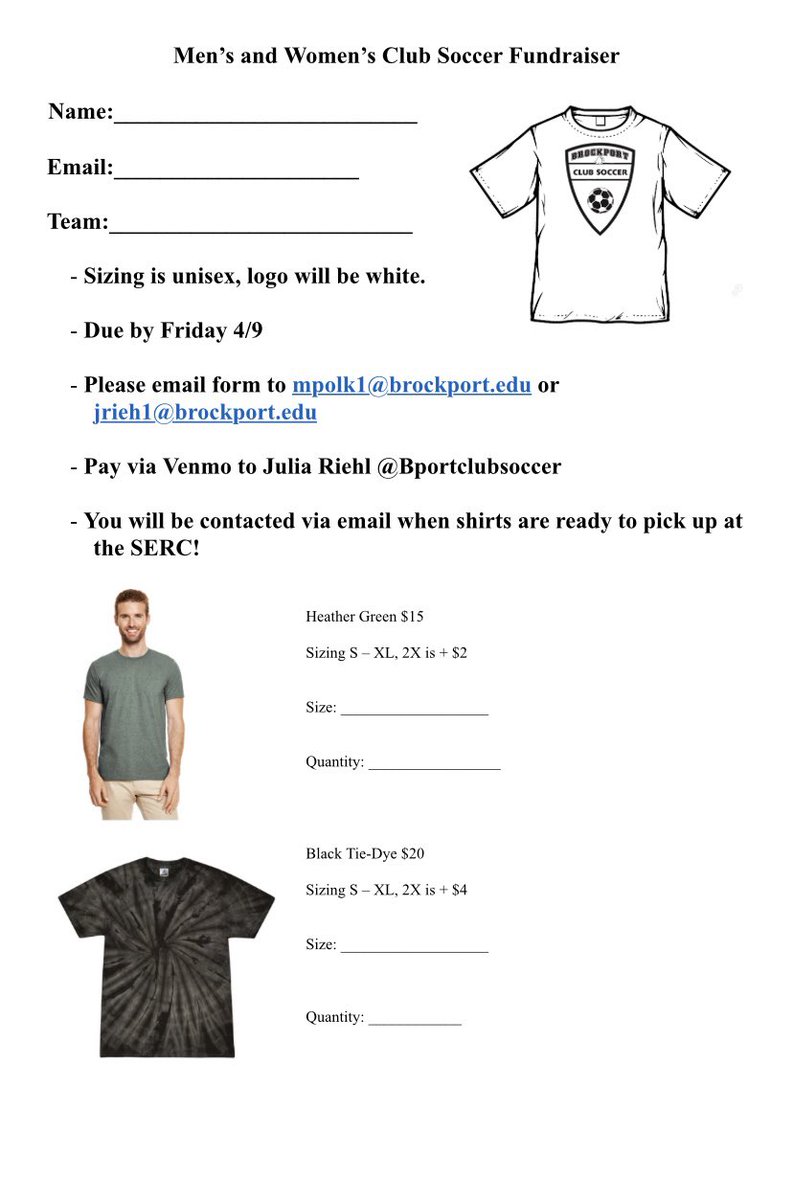 MensClubSoccer's tweet photo. 🚨LAST WEEK TO ORDER SHIRTS🚨

HELP SUPPORT BOTH US &amp; @BPORT_BWCS BY ORDERING ONE OF THESE AWESOME SHIRTS! Order forms can be emailed to mpolk1@brockport.edu no later than THIS FRIDAY 4/9! All payment is accepted via the Venmo tag on the form! Any questions feel free to reach out https://t.co/kQJ6FkGeF5