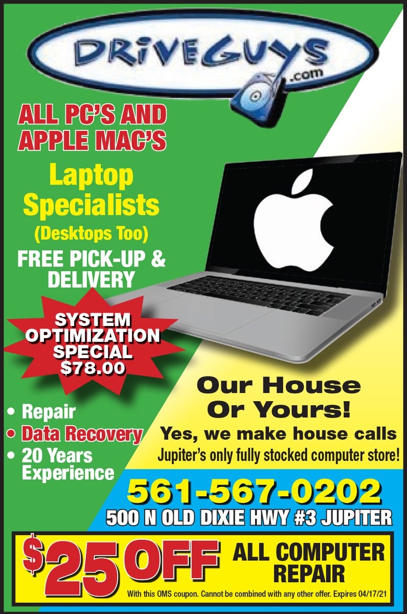 $25 OFF ALL COMPUTER REPAIRS from @Driveguys 💻🖥️

#ComputerRepair #SystemOptimization #PCs #Macs #Apple #Laptops #LaptopRepair #DesktopRepair #FreePickUp #FreeDelivery #ComputerStore #Coupons #Discounts #Jupiter #Florida #SouthFlorida #PalmBeach #HouseCalls #AppleMacs