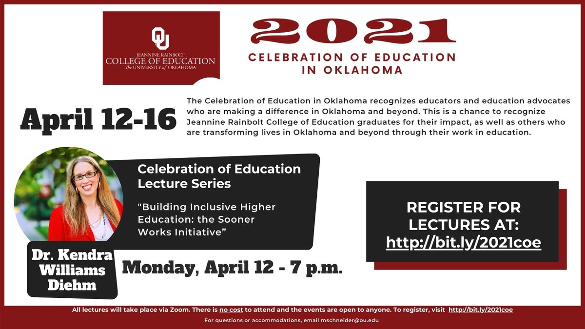 Have you heard about Sooner Works, a program for students with an intellectual or developmental disability who desire a postsecondary experience on a college campus? Learn more about inclusivity in higher ed TONIGHT at 7 p.m. CT! bit.ly/2021coe #OklaEd