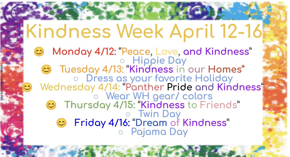 Kindness Week next week! Here are the spirit days!