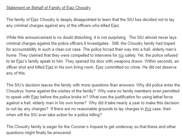 JUST IN: The family of Ejaz Choudry reacts to news that no police officers will be charged in his death, saying it is 'deeply disappointed' in the decision.

'Ejaz committed no crime. He did not deserve any of this.'