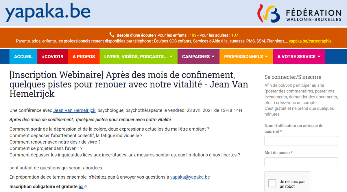 23/04 #Webinaire gratuit avec Jean Van Hemelrijck : quelques pistes pour renouer avec notre #vitalité après ces mois de #confinement - inscription sur yapaka.be