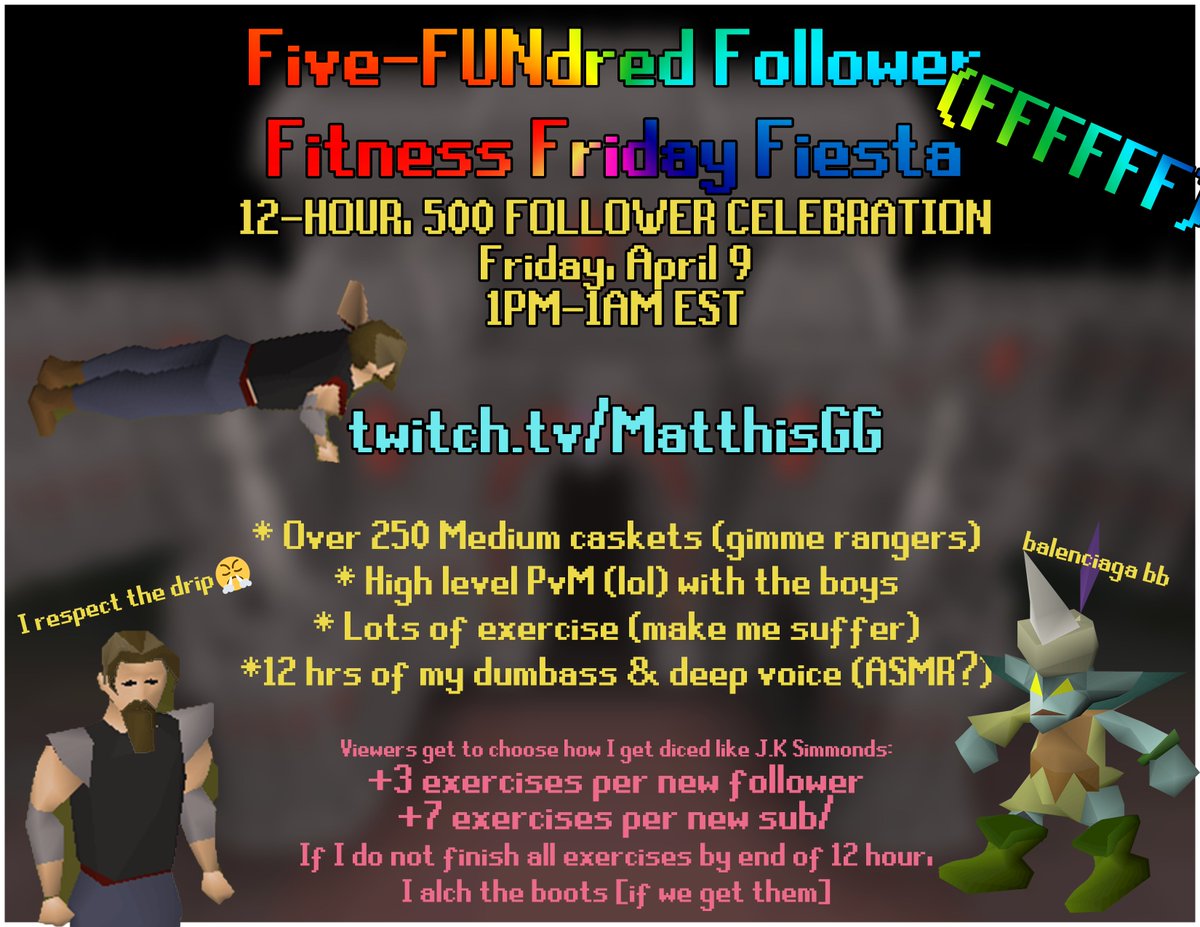 🚨ANNOUNCEMENT TIME🚨

The Five-FUNdred Follower Fitness Friday Fiesta 12 hour celebration live stream will occur on Friday, April 9th from 1pm-1am EST :)

We'll reclaim our rangers, yoink purps &amp; do exercises based on your willingness to make me suffer 💪🦍

See you there!😎🔥