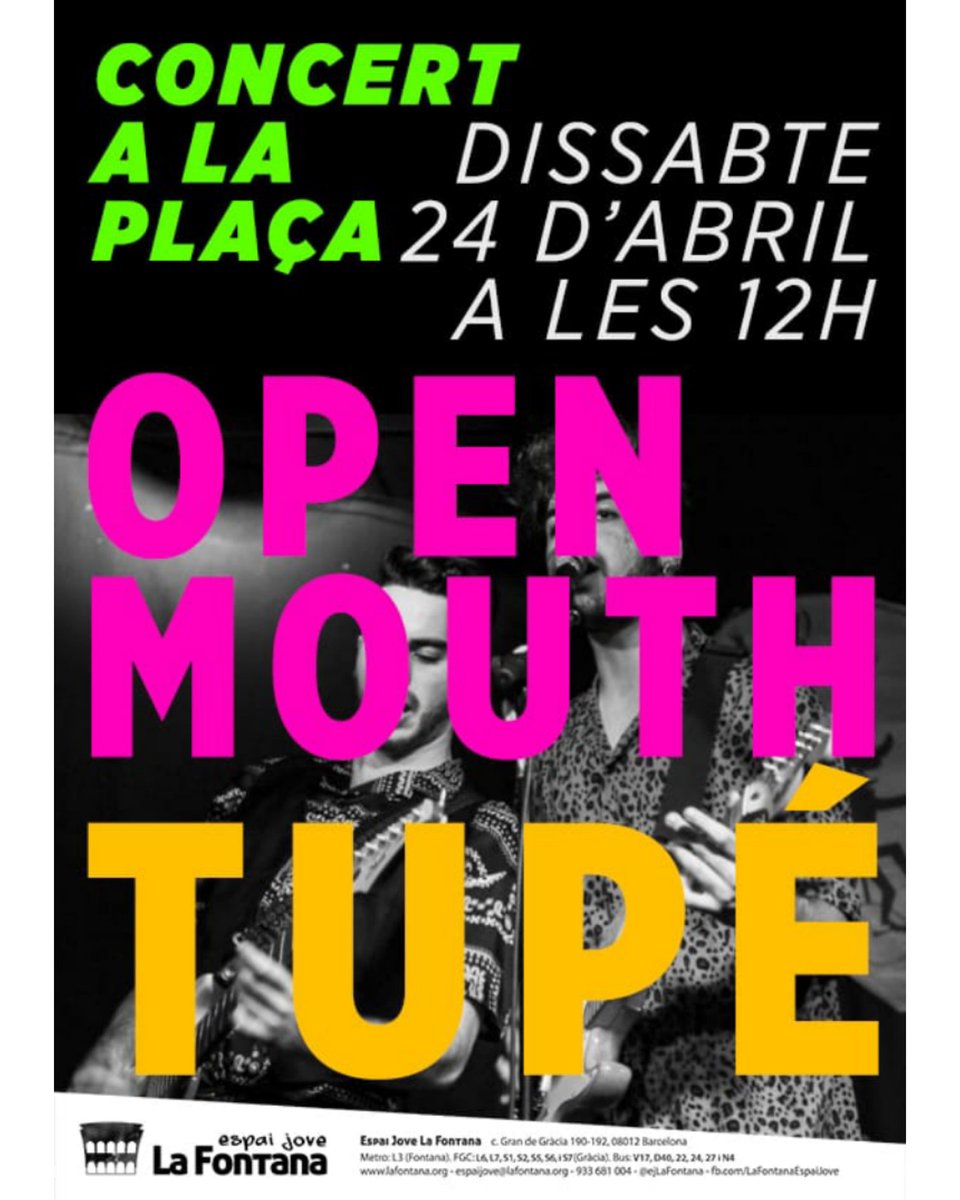 TORNEM A TOCAR EN DIRECTE!

Més d'un any després del nostre últim concert, tornem als escenaris tocant amb els amics de Tupé a la plaça de l'Espai Jove la Fontana. A les 12h, sí, del matí, coses de la pandèmia. 

Us esperem a tots! Que hi ha ganes de rock 🤘