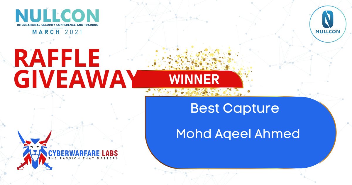 nullcon's tweet image. 🎁We ran some interesting Raffle giveaways for our attendees from Nullcon Trainings March 2021 😎

🏆The winner for Best Nullcon Training Images sponsored by @cyberwarfarelab is Mohd Aqeel Ahmed @Ciph3r00t 🎉Congratulations !!

#ElcomSoftRaffle #Nullcon2021 #Training #Infosec