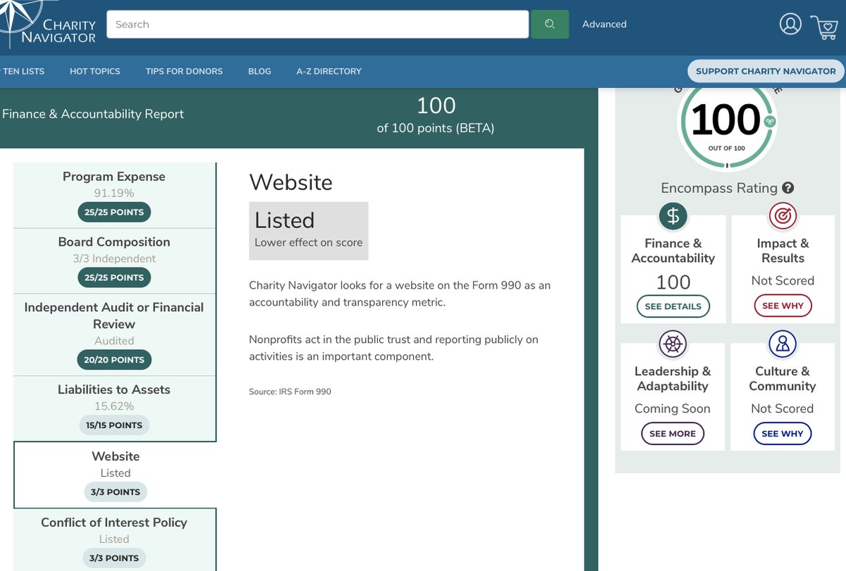 Charity Navigator  bases 3% of its new 100-point encompass #charity rating system on whether a #nonprofit has a website

Do you trust #charities to turn your donations into #impact because they have a website? If you don't trust that rating system, go to analytics.excellenceingiving.com