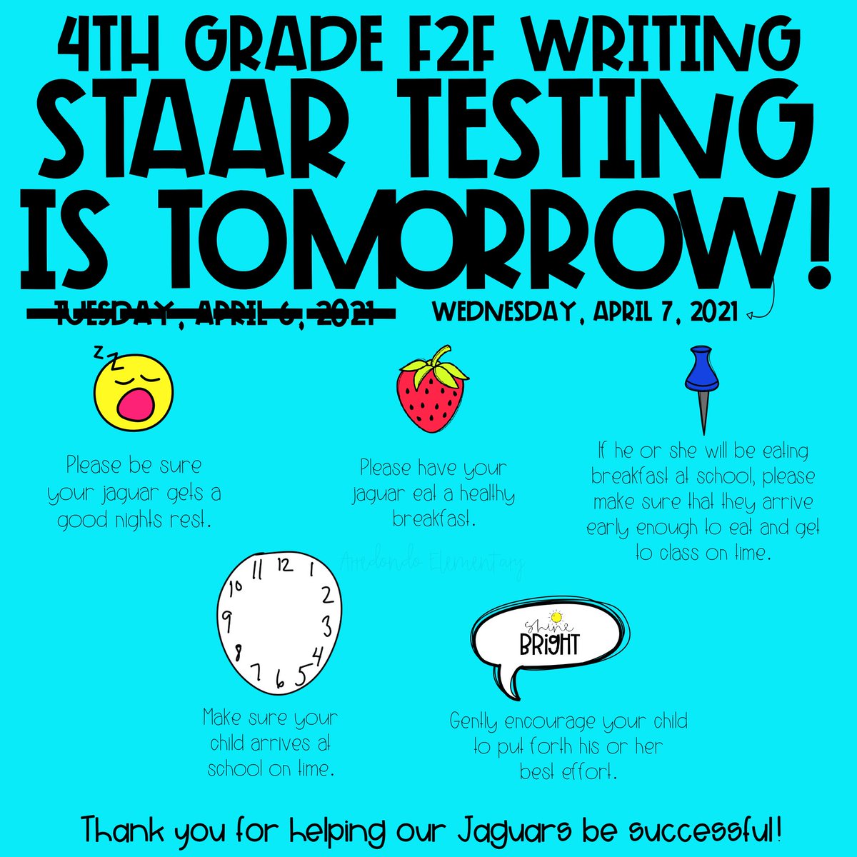 AES_Jags's tweet photo. Due to State issues, we have stopped STAAR testing for today. We will try again tomorrow. Thank you for your support! @LamarCISDElem #betheonewhoisflexible https://t.co/uvnwiIkttR
