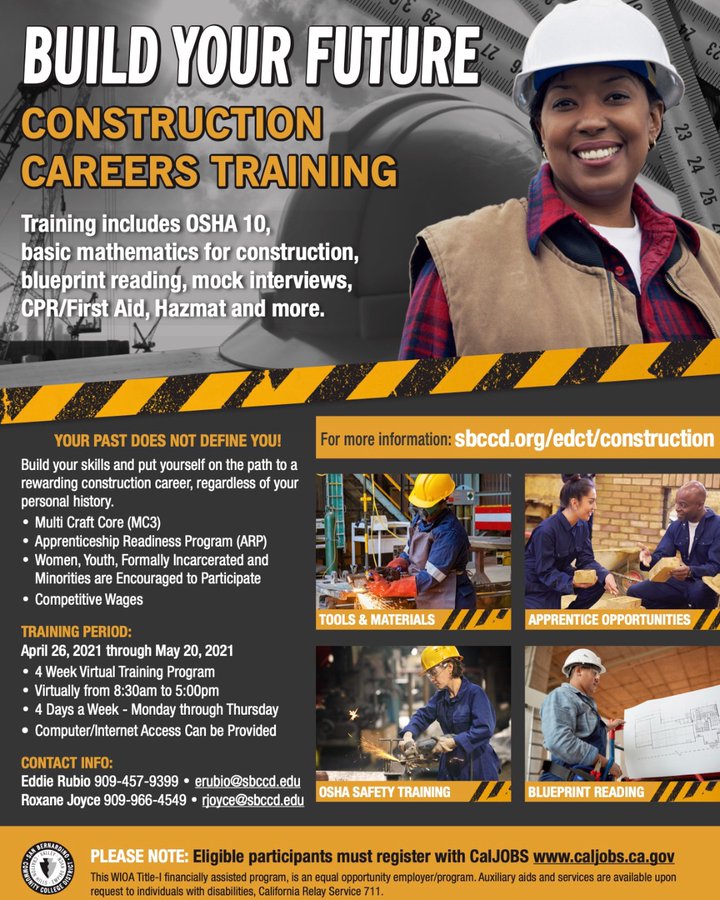 WomenInConst's tweet photo. RT @InlandEmpireJob Looking for a new direction? Consider #ConstructionCareers. 4-week training, begins April 26. Computer/Internet access provided. 
#WeAreWorkforce #SanBernardinoCounty #WomenInConstruction https://t.co/YR5JsYAQBD