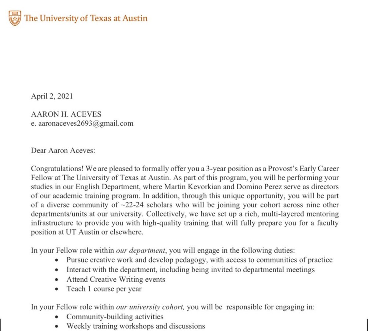 aaronhaceves's tweet photo. I am so so happy to announce that I will be joining the faculty at @UTAustin as an Early Career Provost Fellow, which means I’ll be teaching creative writing to undergrads for the next three years. #CallMeProfessor https://t.co/Bhk4NpA0qj