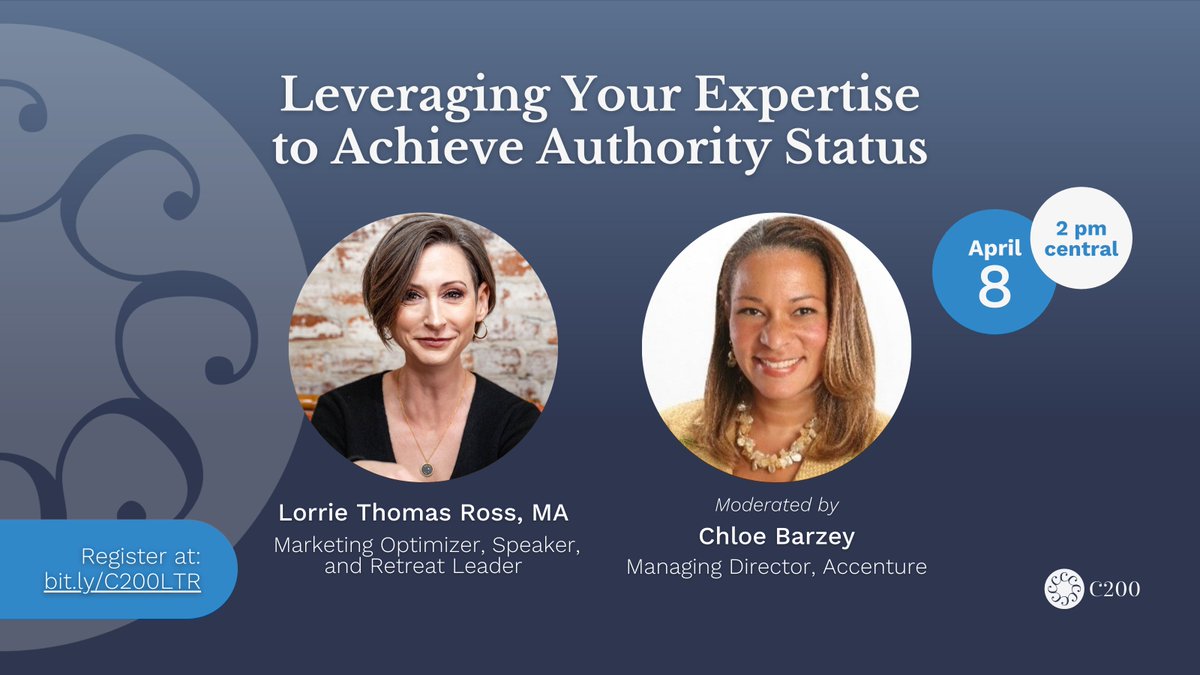 committeeof200's tweet image. In a world full of experts, being an authority is key to elevating your career. If you are wondering how to get the wheels in motion, this session is for you! Register now to join C200 and @WebTherapist on 4/8: bit.ly/C200LTR