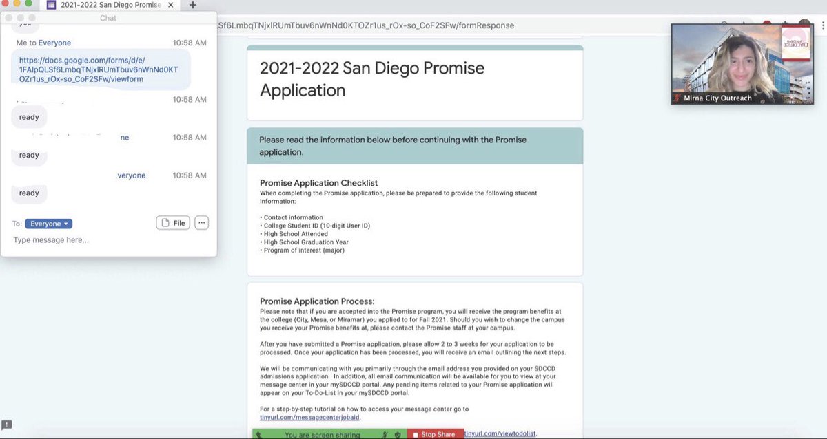 San Diego City College Outreach Senior Student Services Assistant Mirna supporting students at the Promise Application Workshop Session for @cardinalpride_hhs Seniors 🤩🤩

Be City Ready!

🗓Fall Semester begins August 2021! 
🔍For open classes: sdcity.edu/hotlist