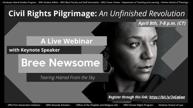 SMUHRP's tweet photo. We are proud to collaborate with @SMUChaplain &amp; other campus partners in hosting a virtual commemoration of @SMU’s annual Dr. Dennis Simon Civil Rights Pilgrimage. Register for this Thursday’s 7pm webinar ft. contemporary civil rights icon @BreeNewsome at https://t.co/7Oa937F3N8. https://t.co/q1CBy2A3Sz
