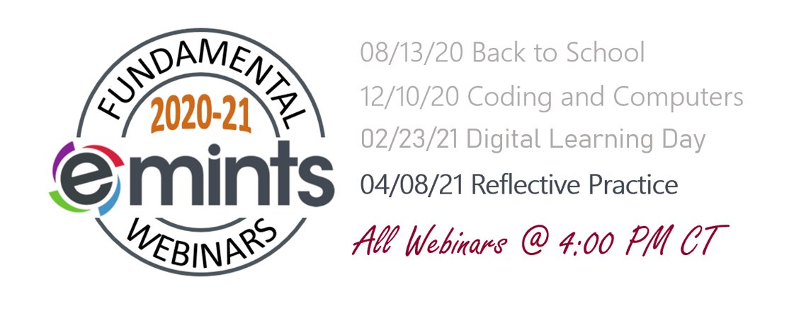 perkinsd's tweet photo. #educators There's 1 more free #emints FUNdamentals webinar this school year - Reflective Practice - 4/8! Sign up for join link https://t.co/4UpPDHDpCr to hear about 9 tools and application ideas from @dougemints @brines &amp; @chaffc https://t.co/KOA6esnMIv