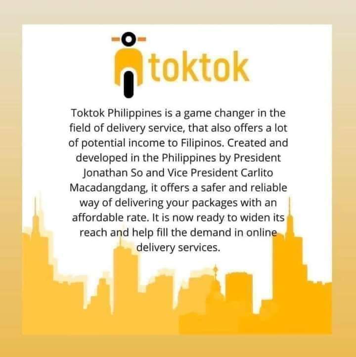 📣ANYTIME titigil na si Toktok tumanggap ng OPERATORS.. Syempre hindi naman pwede na sobrang dami ng operators.. So habang anjan pa, tara na! 

COMING SOON‼️🥰🛵
👉 toktok Food (pwede bike)🚲
👉 toktok 4 wheel (car)🚗
👉 toktok trucking🚚
👉 toktok international🛩
👉 And more