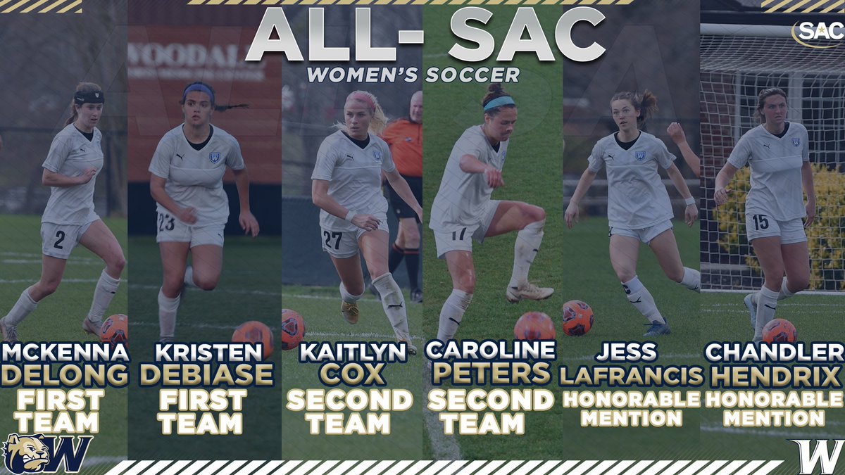 WU_Bulldogs's tweet photo. SIX All-SAC selections for @Wingate_WSoccer !!

DeLong &amp; DeBiase are 1st Team selections; Peters &amp; Cox earns 2nd Team honors; Hendrix &amp; LaFrancis pick up honorable mention accolades!

STORY | https://t.co/a5YoTeRREG

#OneDog https://t.co/SXa3CwnwKw