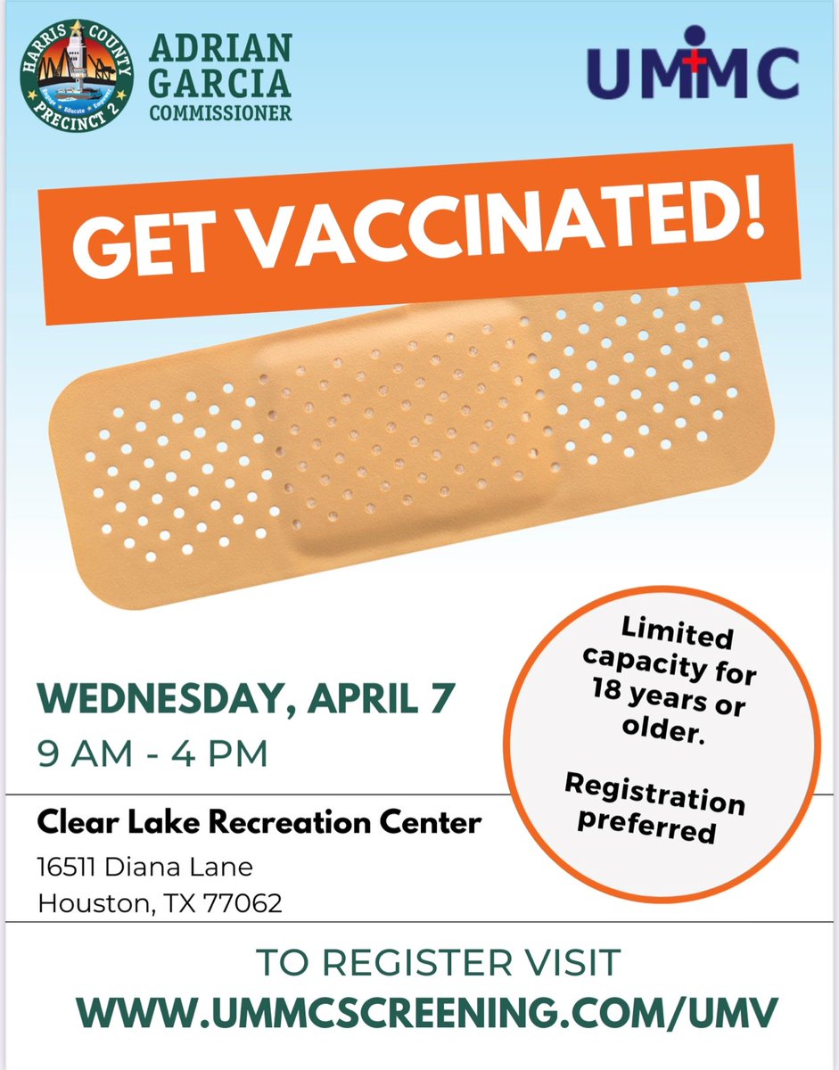 yourCLCCA's tweet photo. Get vaccinated at the Clear Lake City Community Center tomorrow!!! #clcca https://t.co/0sMYik87EH