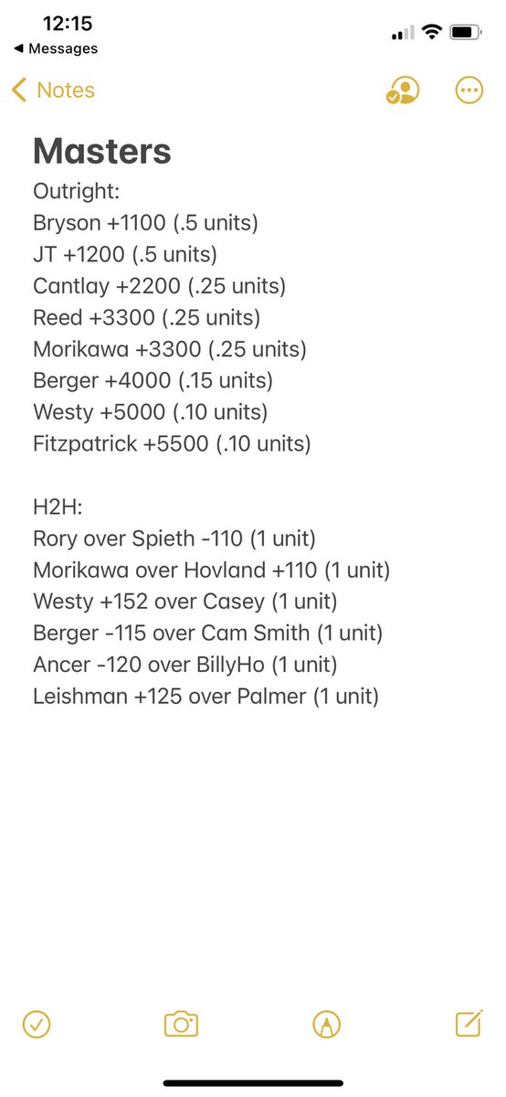 brothersbets2's tweet photo. 🏌️♂️ 🚨 MASTERS CARD 🚨 🏌️♂️
Currently up 8.12 units YTD and looking to build on that this weekend. It’s the best week of the year!! #MastersWeek #mastersbets https://t.co/6MSniTcTwg