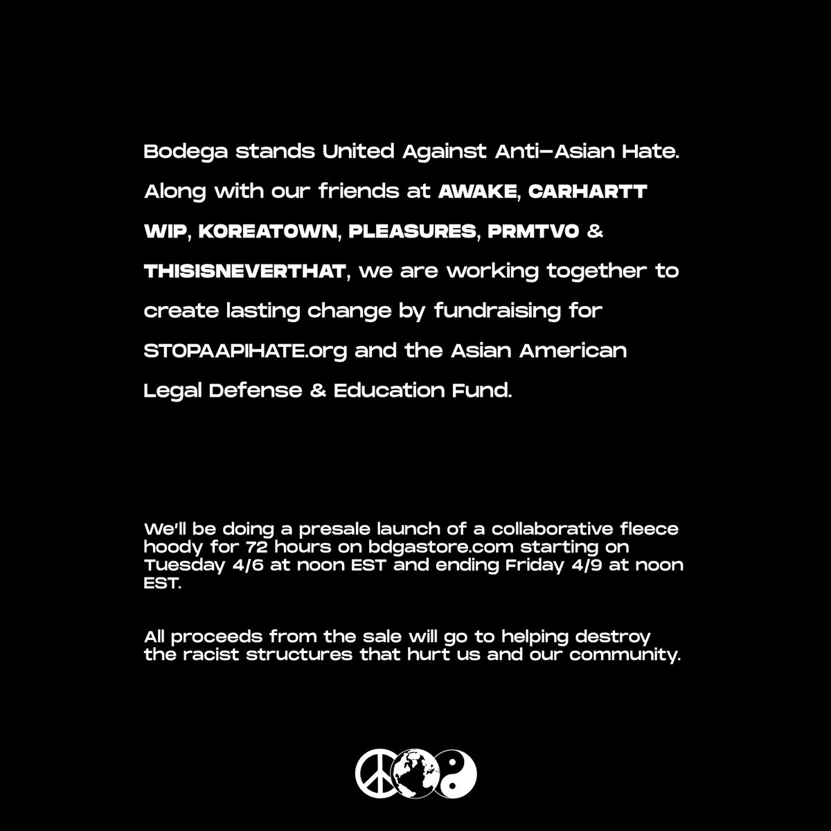 bodega's tweet photo. Beginning on Tuesday 4/6 at noon EST and ending Friday 4/9 at noon EST, a collaborative fleece hoody will be available for presale. All proceeds from the sale will go to helping destroy the racist structures that hurt us and our community. Shop here - https://t.co/rX0VYU6wnG https://t.co/LqHeKjK3gp