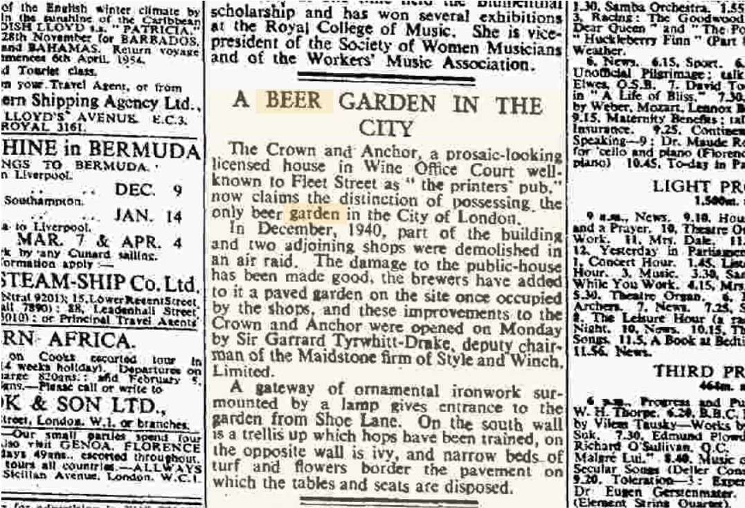 CanningStuart's tweet photo. From The Times, July 29, 1953. There was only one beer garden in the City of London! #pubs #beergardens https://t.co/NMd4HF8yNU