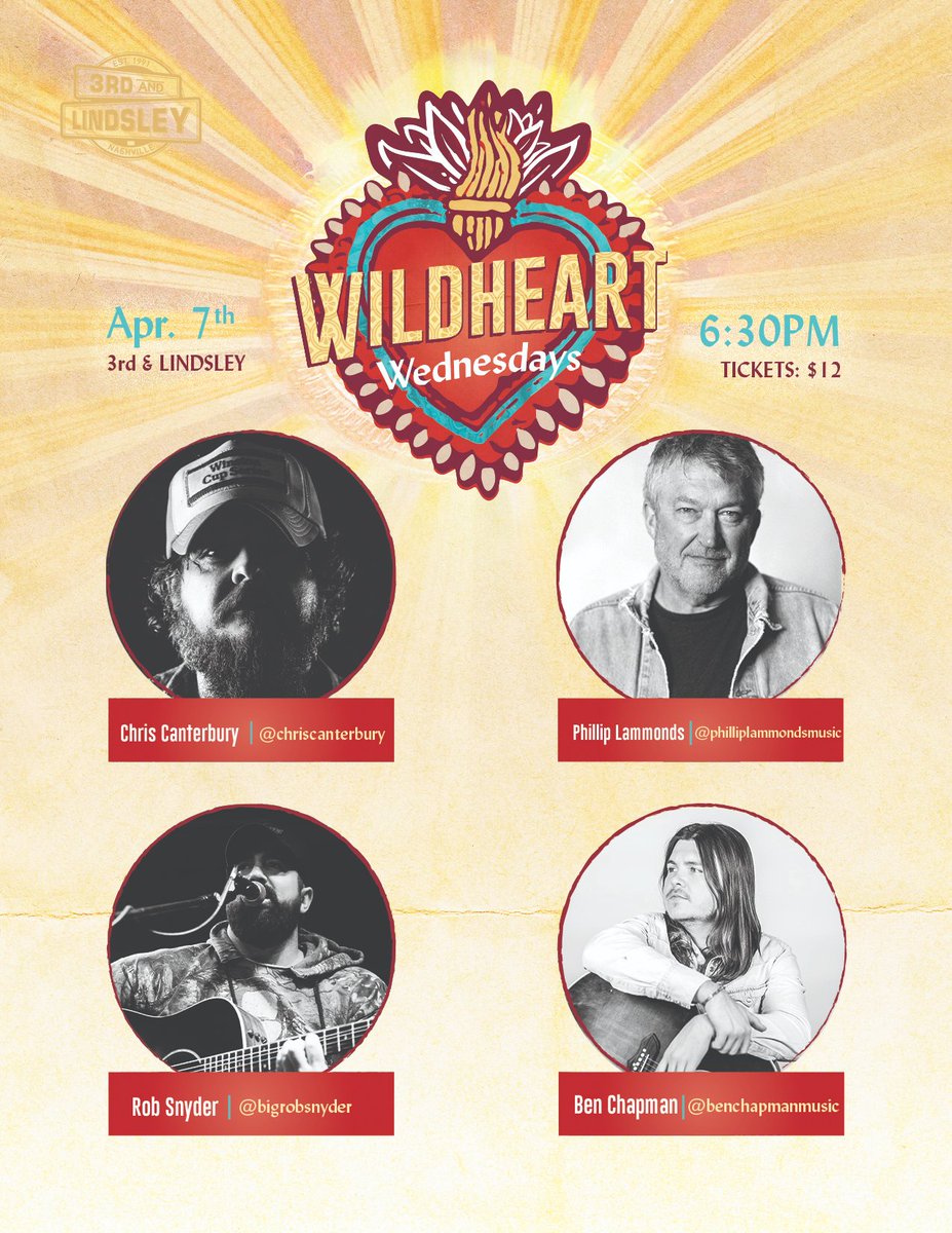Come join me for a night of songs and community! @3rdandLindsley Wildheart Wednesdays with @chriscanterbury @BigRobSnyder #PhillipLammonds #BenChapman Tickets @3rdandLindsley See you there!