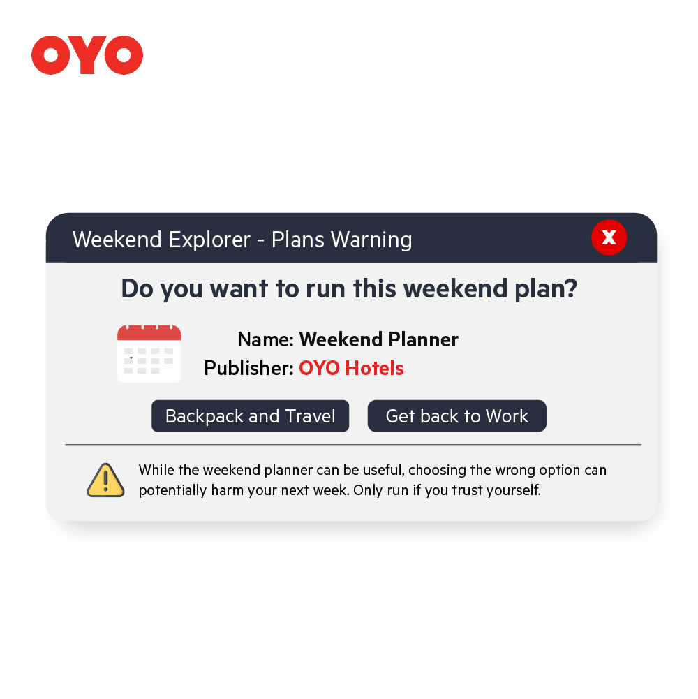 OYOUAE's tweet photo. Get your weekend plans locked in and buckle up for an exciting staycation with OYO.
Or you have got another option, get back to your work and enjoy the work life.
Book now: https://t.co/NW6u4NNLy9
#OYOUAE #budgethotelsinDubai #budgethotels #homesinDubai https://t.co/5Kv1YKn7Qg