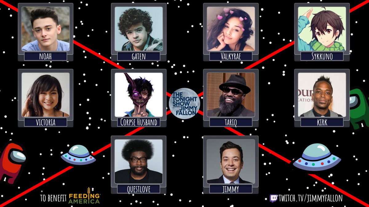 We’re playing @AmongUsGame LIVE on @Twitch tonight at 6:45PM ET to benefit @FeedingAmerica: twitch.tv/jimmyfallon

Watch Jimmy and @theroots play with special guests @noah_schnapp, @GatenM123, @Corpse_Husband, @Valkyrae, @Sykkuno and @TheVTran!