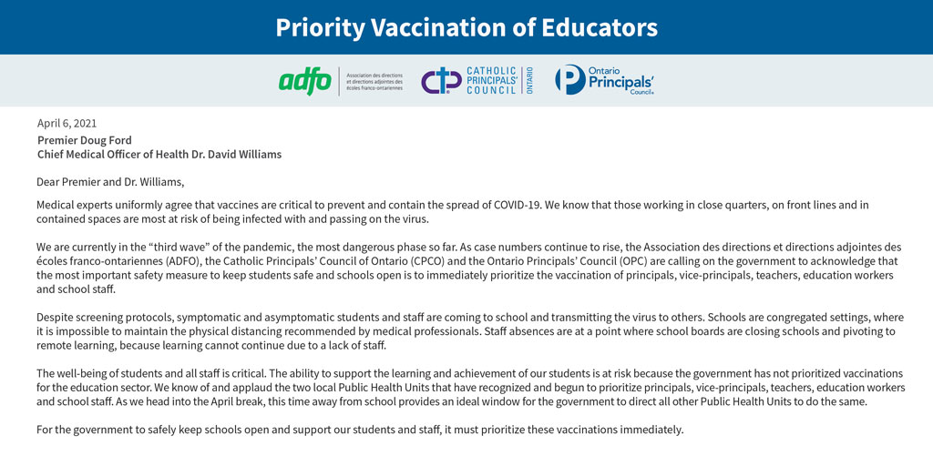 Principals and vice-principals are calling on the government to immediately prioritize the vaccination of all who work in the education sector. Let's use the April break to get this done. Our letter to the Premier and CMOH: principals.ca/en/who-we-are/…