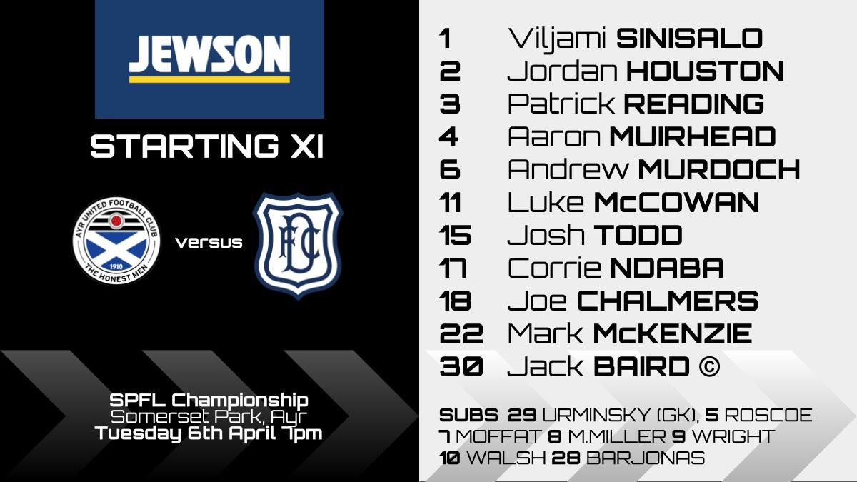 AyrUnitedFC's tweet photo. 📋 | Tonight's Ayr United team to face @DundeeFC.

David Hopkin makes 4️⃣ changes, with Jordan Houston, Corrie Ndaba, Andy Murdoch and Josh Coming into the starting line-up. https://t.co/603UWvmy4e