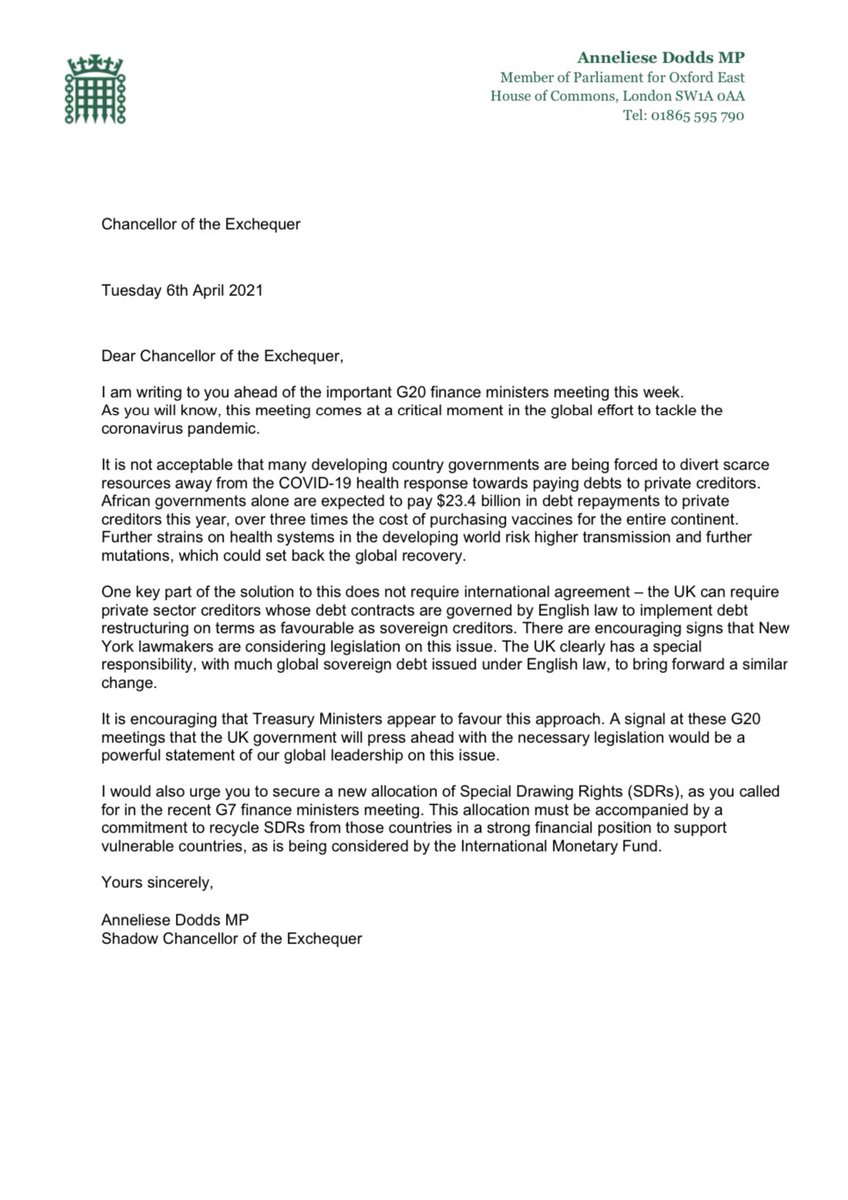 AnnelieseDodds's tweet photo. Countries struggling with extreme poverty are diverting money from their Covid reponse to pay off private debt.

The UK Government should stand up to the profiteers by changing the law that governs their debt.

I've asked the Chancellor to step up and show some leadership. https://t.co/ucNM3z9qRZ
