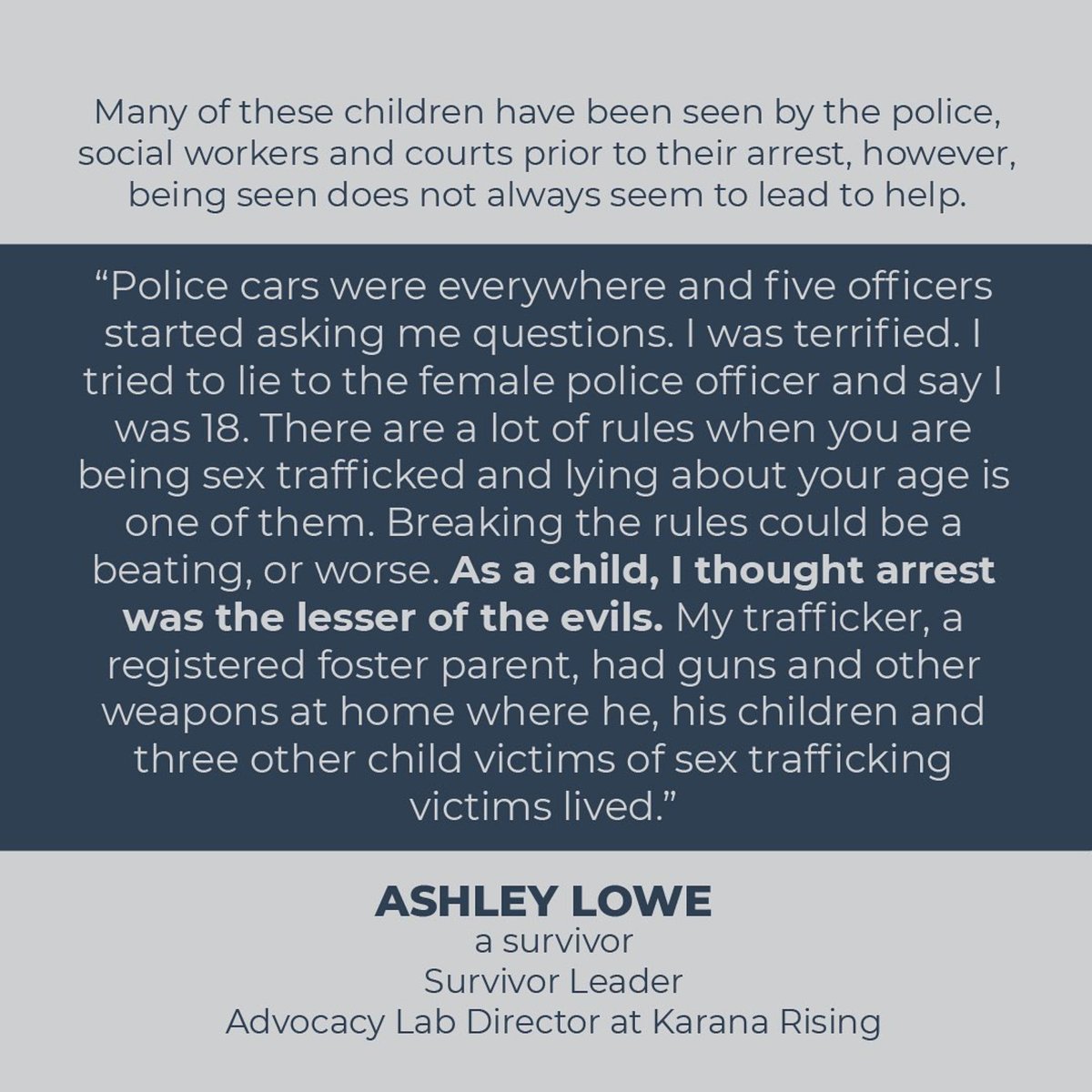 Karana_Rising's tweet photo. Ashley's story is not uncommon. A child looking for love is sold into #sextrafficking. Then, she's arrested and her exploitation continues.  #believesurvivors today so there are less victims tomorrow.

https://t.co/mFjes8hHSb

@FreedomNetUSA @HTLegalCenter @ecpatusa https://t.co/vWfqd0Ftui