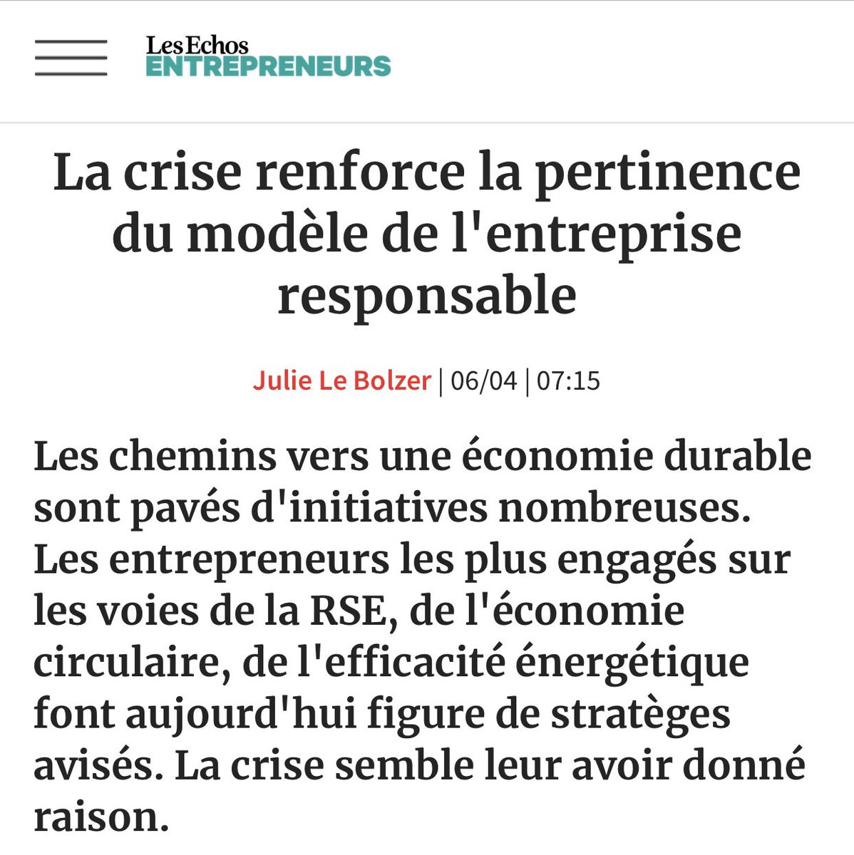 « Les #entrepreneurs les plus engagés sur les voies de la #RSE, de l'#économiecirculaire, de l'efficacité énergétique font aujourd'hui figure de stratèges avisés. La #crise semble leur avoir donné raison. » 
🙏 <a href="/JulieLeBolzer/">Julie Le Bolzer</a> <a href="/LesEchos/">Les Echos</a> 
business.lesechos.fr/entrepreneurs/… 
#CSR #Impact