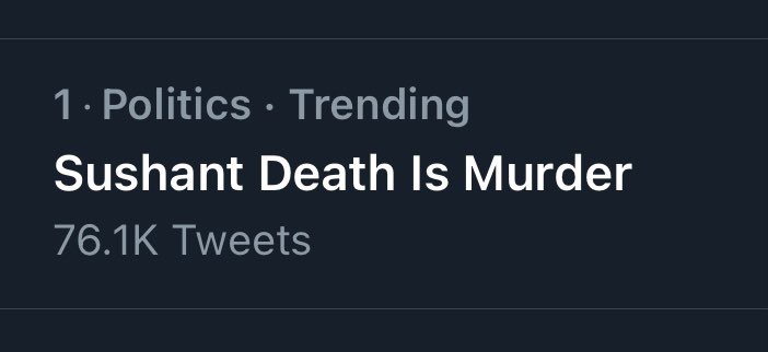 Piyali (@piyalibh) on Twitter photo Trending at no 1
Sushant Death Is Murder..
Congratulations warriors, not only for today, but also for fighting & demanding justice relentlessly over the last 9 months..
It’s our pain that reflects on the trending list daily....
<a href="/itsSSR/">Sushant Singh Rajput</a> <a href="/nilotpalm3/">Nilotpal Mrinal Pandey</a> Trending at no 1
Sushant Death Is Murder..
Congratulations warriors, not only for today, but also for fighting & demanding justice relentlessly over the last 9 months..
It’s our pain that reflects on the trending list daily....
<a href="/itsSSR/">Sushant Singh Rajput</a> <a href="/nilotpalm3/">Nilotpal Mrinal Pandey</a>