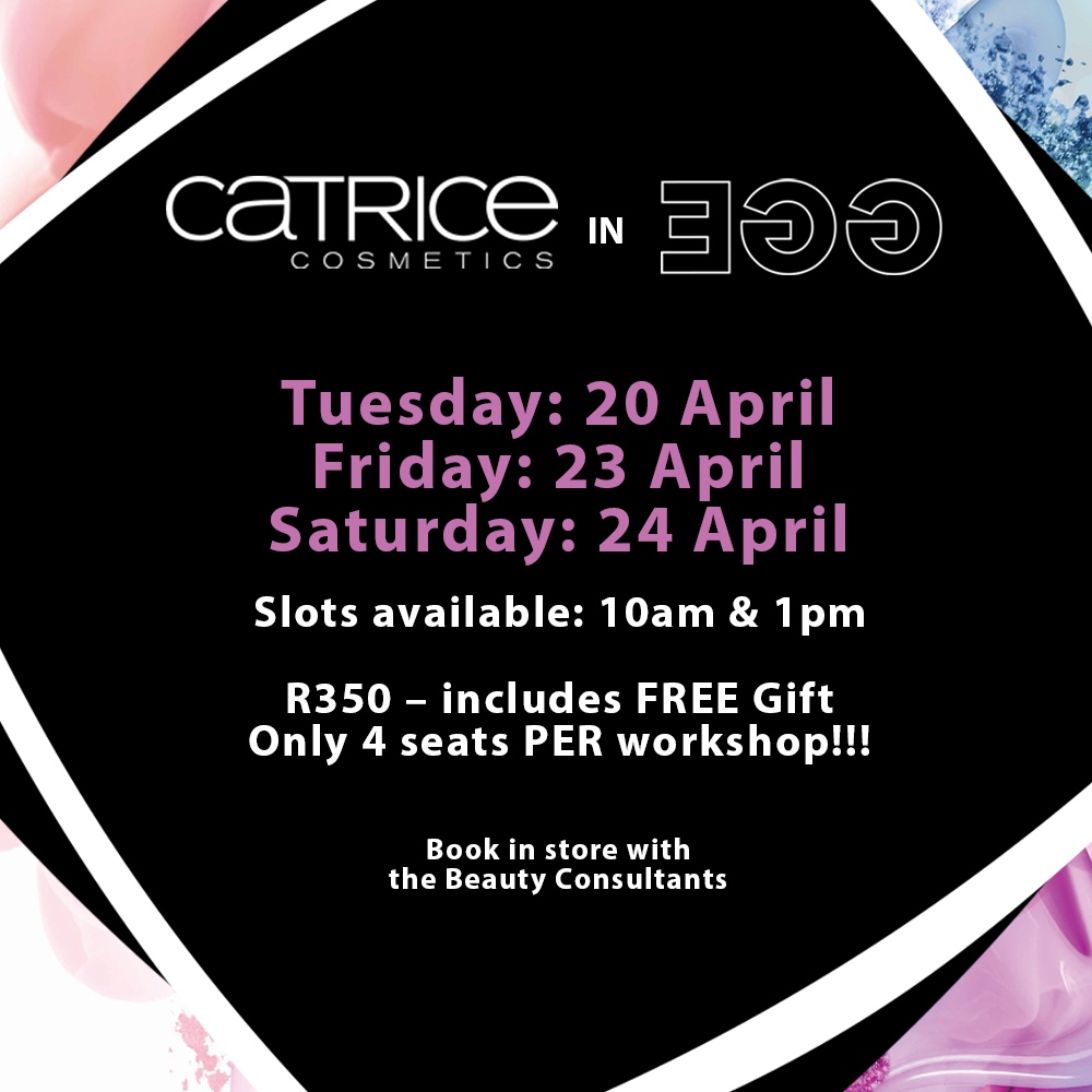 CATRICE South Africa (@catricesa) on Twitter photo Book an exclusive 2 hour workshop with Celebrity Make-up artist💄 La'eeqa Yunus at the CATRICE pop up studio in @weare_egg for R350 and receive a free gift 😍 Sessions limited to 4 seats per workshop! 
2 Slots per day: 10am  & 1pm 
Book/purchase your ticket in EGG Book an exclusive 2 hour workshop with Celebrity Make-up artist💄 La'eeqa Yunus at the CATRICE pop up studio in @weare_egg for R350 and receive a free gift 😍 Sessions limited to 4 seats per workshop! 
2 Slots per day: 10am  & 1pm 
Book/purchase your ticket in EGG
