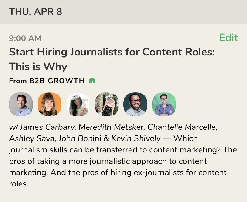 Hey #MarketingTwitter, catch this all-star panel of journalist-turned-marketers on @joinClubhouse this Thursday! joinclubhouse.com/event/M5K6pW9e

<a href="/ccmarce_writes/">Chantelle</a> 
<a href="/ashleyamberh/">Ashley Amber Sava</a>
<a href="/Bonini84/">John Bonini</a> 
@KevinSaysThings 
<a href="/MeredithMetsker/">Meredith Metsker</a> 

Hosted by <a href="/jamescarbary/">James Carbary</a> of <a href="/B2Bgrowthshow/">B2B Growth</a>