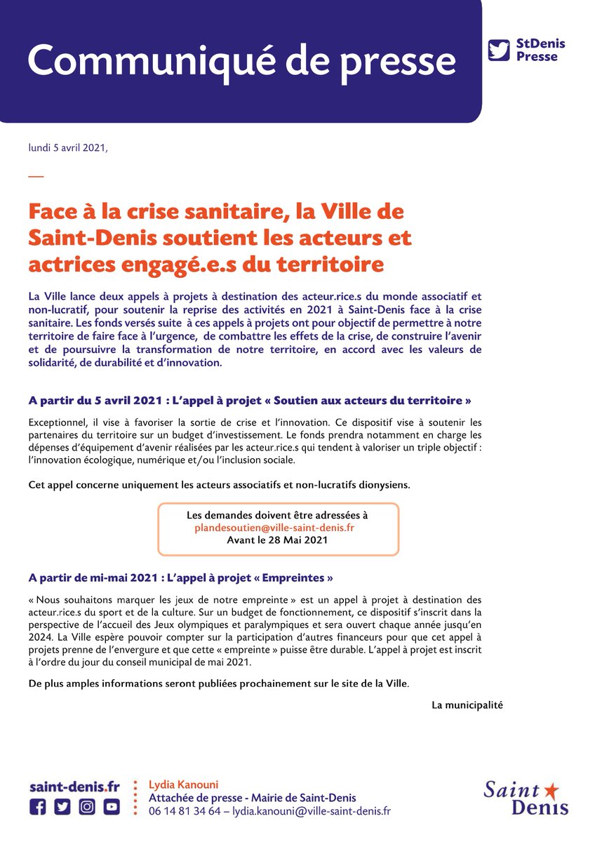 I COMMUNIQUÉ DE PRESSE I
Face à la crise sanitaire, la Ville de Saint-Denis soutient les acteurs et actrices engagé.e.s du territoire 

⬇️ Retrouvez le communiqué en ligne ⬇️
ville-saint-denis.fr/communique/fac…
