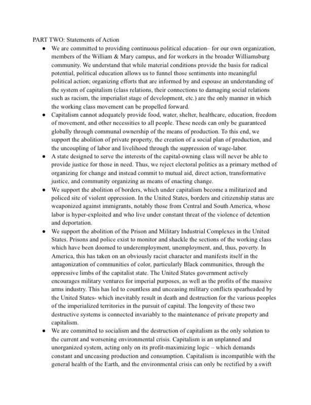 SocialistsWM's tweet photo. These Points of Unity were voted on by our active members in Spring 2021. They are in no particular order. https://t.co/ravePH6bjs
