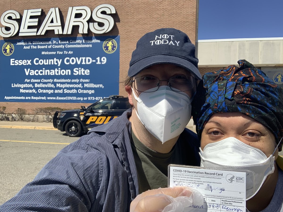 FINALLY! 🙏🏾Thank you Nurse Keisha for giving us our painless first shots of the #Moderna vaccine! Every step of the way, #EssexCountyCovid vaccine site made us feel safe. Picking up on @ABLImpact's  hat, What do you say to the God of Death? Moderna! #GoT #PuttingEssexCountyFirst