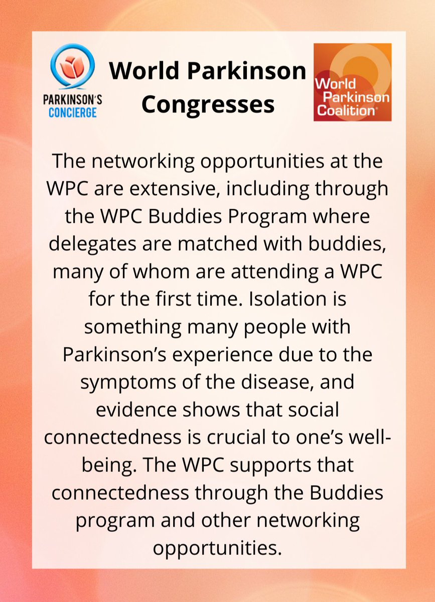 Parkinson's Concierge charity of the month. April 2021 World Parkinson Congress a fantastic charity doing loads to improve the lives of people globally living with Parkinson’s 

Please give generously to them for the work they do for all PwP.
worldpdcoalition.org/page/SupportWo… 💙
#wpc2022