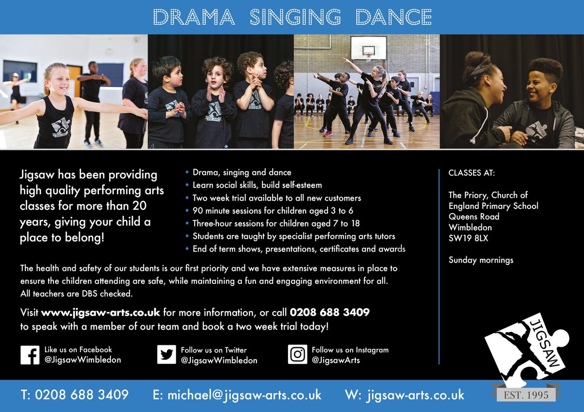 Jigsaw Wimbledon (@jigsawwimbledon) on Twitter photo What wonderful things are you all getting up to over the Easter Holidays?
We can’t wait to start our new term on 2nd May at <a href="/PrioryWimbledon/">The Priory Primary School Wimbledon</a>
#singing #dance #drama #performingarts
☎️ 0208 699 3409 What wonderful things are you all getting up to over the Easter Holidays?
We can’t wait to start our new term on 2nd May at <a href="/PrioryWimbledon/">The Priory Primary School Wimbledon</a>
#singing #dance #drama #performingarts
☎️ 0208 699 3409
