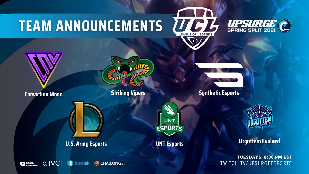 Next up, we are firing up the INFERNAL DIVISION🔥 for our Spring UCL🌻👊

Please welcome <a href="/CNVEsports/">Conviction</a> <a href="/Striking_Vipers/">Name In Progress</a> @SyntheticOrg <a href="/USArmyesports/">U.S. Army Esports</a> <a href="/UNTEsports/">UNT Esports</a> <a href="/UrgottemeSports/">UrgottemeSports</a> to the UCL this Spring💙