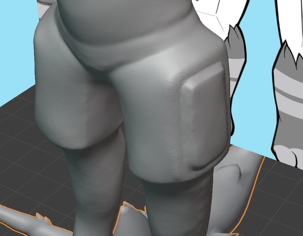 Added his thigh screens but I've been warned not to go too fine on the details until I remesh the character. A lot of them will likely be lost in the process, so I need to do that BEFORE adding in finr stuff. On tap for tonight though are his feet and his arms. Still not happy