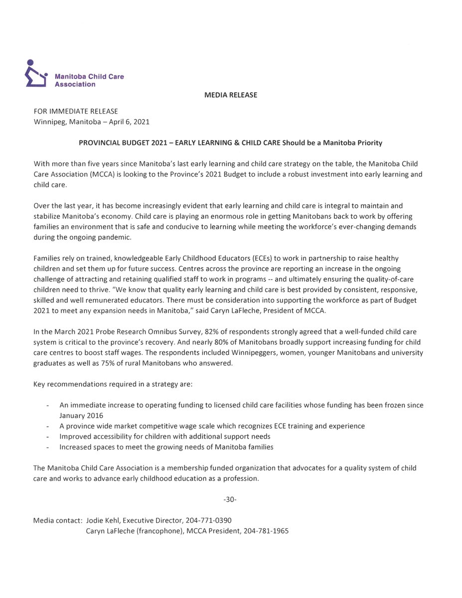 MCCAHOUSE's tweet photo. MCCA has shared its pre-budget media release ahead of the Provincial 2021 Budget. We will be attending the Budget 2021 Stakeholder Briefing as well. #support26K #ecesareessential #mbpoli https://t.co/MMQE3HBEIP