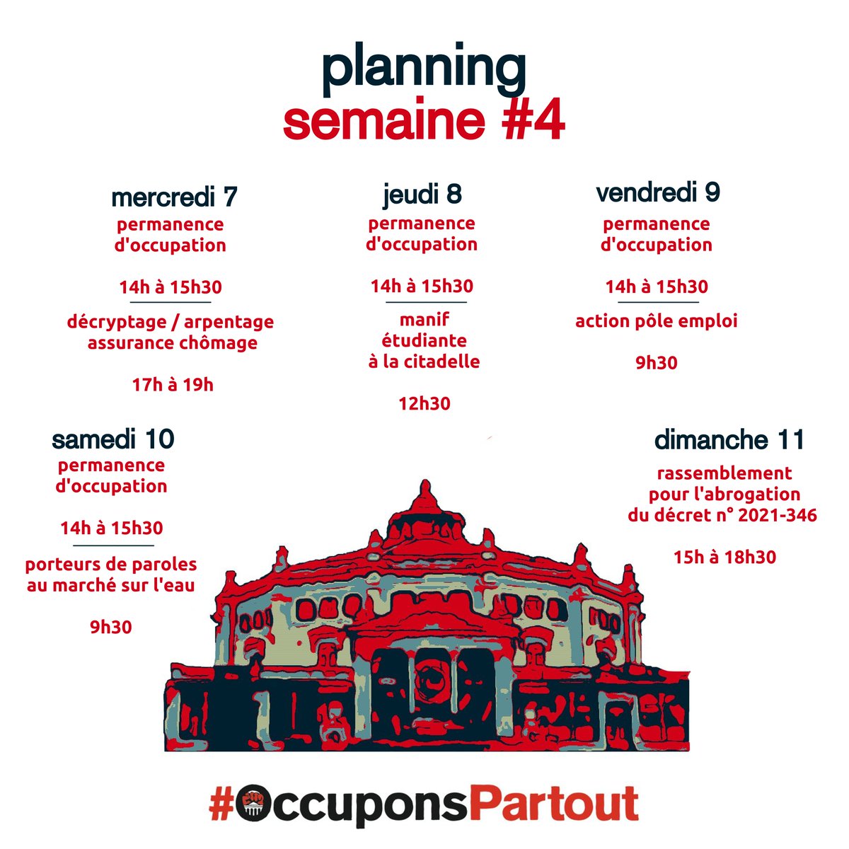 CipSomme's tweet photo. #Occupathon
🗓️ JOUR 26 | 💯 lieux occupés 🏟️
✊ CE QUE NOUS DÉFENDONS, NOUS LE DÉFENDONS POUR TOU·TE·S ✊
⏰ Mercredi 7 - 17 à 19h pour un atelier compréhension / arpentage de la réforme de l'assurance chômage
#OccuponsPartout https://t.co/FeVBaUyFPN